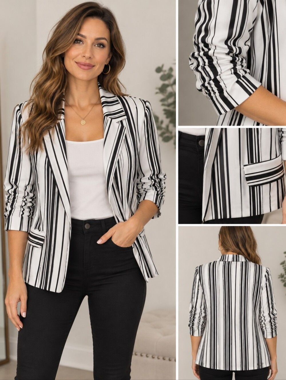 K Jordan Black and White Vertical Stripe Blazer